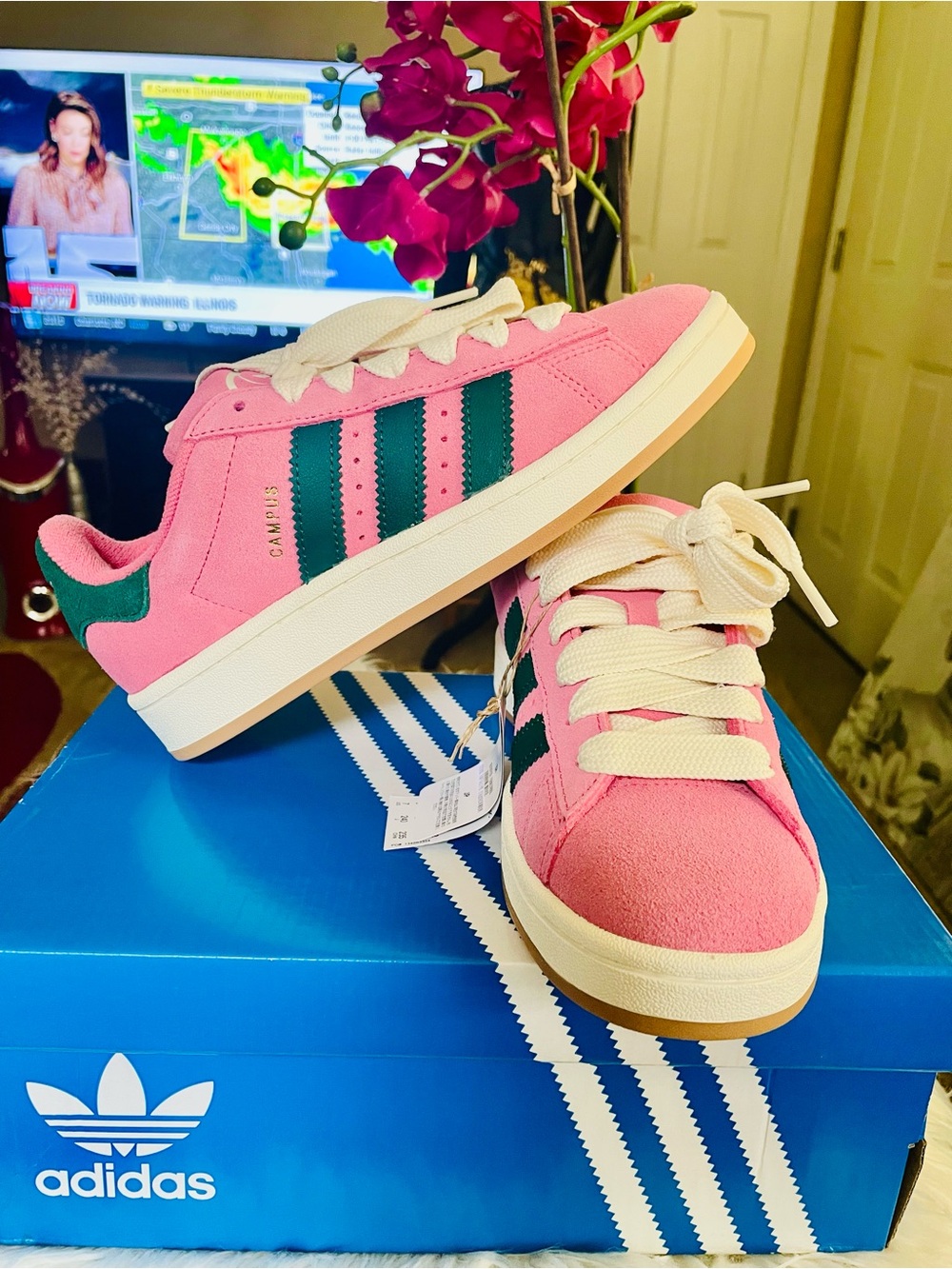 adidas Pink Suede Campus Sneakers with Dark Green Stripes